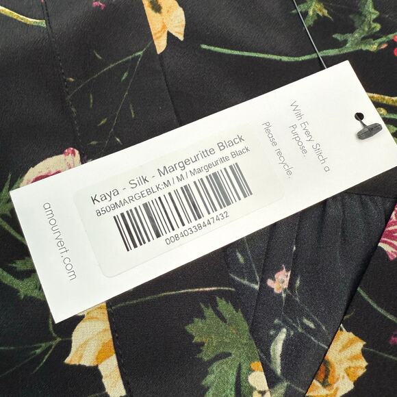 Amour Vert Kaya Washable Silk Blouse Margeuritte Black Floral Size M NWT Classic - Picture 6 of 16